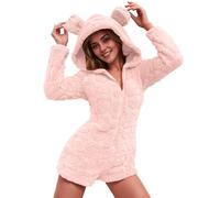 Womens Nightwear Fleece Bear Ear Full Zip Onesie Shorts Heart Jacquared One Piece Romper Shorts Fluffy Plush Long Sleeve Playsuit Shorts Cute Pyjamas Plain Sleepwear Thermal Loungewear