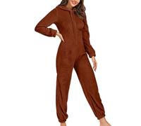 Women's Nightwear Onesies UK Sale Comfy Fleece Pyjamas Hooded Onesie Zip Up Pyjamas Full Length All in One Fluffy Fleece Onesie Lounge Wear Comfort Loungewear Plus Size 8-18 Brown