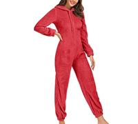 Women's Nightwear Onesies UK Sale Comfy Fleece Pyjamas Hooded Onesie Zip Up Pyjamas Full Length All in One Fluffy Fleece Onesie Lounge Wear Comfort Loungewear Plus Size 8-18 Watermelon Red