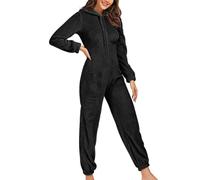 Women's Nightwear Onesies UK Sale Comfy Fleece Pyjamas Hooded Onesie Zip Up Pyjamas Full Length All in One Fluffy Fleece Onesie Lounge Wear Comfort Loungewear Plus Size 8-18 Black