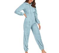 Women's Nightwear Onesies UK Sale Comfy Fleece Pyjamas Hooded Onesie Zip Up Pyjamas Full Length All in One Fluffy Fleece Onesie Lounge Wear Comfort Loungewear Plus Size 8-18 Light Blue