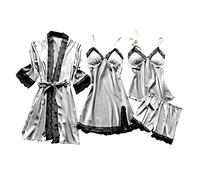 Womens Nightwear Sleepwear Lace Satin Negligees Cami Top and Shorts Pjs Set with Robe Summer Pyjamas Sets Babydoll Lingerie Pj Nighties Bridal Honeymoon Bridesmaid Nightwear Grey
