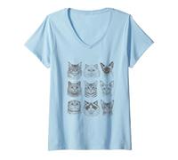 Women's Nine Cat Faces Hand Drawn Sketch Art Feline Lover V-Neck T-Shirt