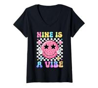 Women's Nine is A Vibe Leopard 9th Bday Groovy Smile Face 9 Year Old V-Neck T-Shirt