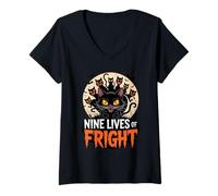 Womens Nine Lives of Fright Funny Halloween Cat V-Neck T-Shirt