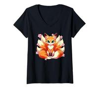 Womens Nine Tails Fox Kitsune Japanese Cherry Blossoms V-Neck T-Shirt