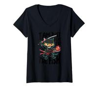 Womens Ninja Cat Just Here for The Fish Funny Martial Arts Graphic V-Neck T-Shirt