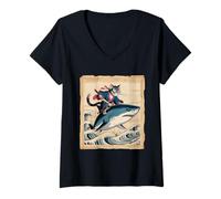 Women's Ninja Cat Riding a Shark Japanese Style Art Artwork Sword V-Neck T-Shirt