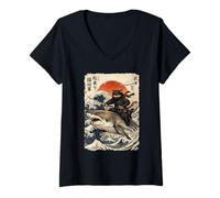 Women's Ninja Cat Riding Shark | Ukiyo-e Art, Ninja Cat V-Neck T-Shirt