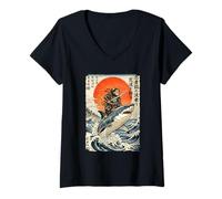 Women's Ninja Cat Riding Shark | Ukiyo-e Art V-Neck T-Shirt