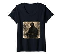Womens Ninja Samurai Warrior Katana Kimono Zen Sumi-E Vintage V-Neck T-Shirt