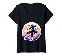 Women's Ninja Silhouette Moonlight Cherry Blossoms Japanese Samurai V-Neck T-Shirt