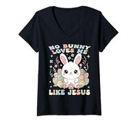 Women's No Bunny Loves Me Like Jesus Kawaii Christian Easter V-Neck T-Shirt