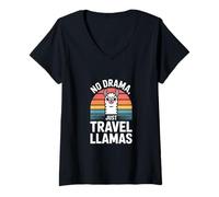 Womens No Drama Just Llamas Retro V-Neck T-Shirt