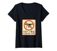 Womens No Drone Zone Japanese English Text Funny Retro Style V-Neck T-Shirt