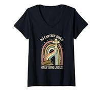 Women's No Earthly Kings Only King Jesus Boho Rainbow Cross V-Neck T-Shirt