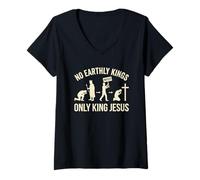 Women's No Earthly Kings Only King Jesus Evolution Worship V-Neck T-Shirt