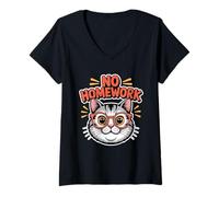 Womens No Homework Cat Funny Back to School V-Neck T-Shirt