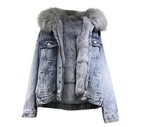 Women's No Hooded Denim Jackets Warm Winter Thicken Fleece Lined Faux Fur Collar Plus Size Parka Jean Jackets Coat Women's Winter Loose Cotton Coat Detachable Large Collar Coats