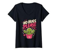 Women's NO HUGS Please Funny Sarcasm Grumpy Cactus Introvert V-Neck T-Shirt