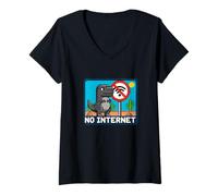 Womens No Internet. Funny Dino T-Rex, Pixel Art, Comic Game Style V-Neck T-Shirt