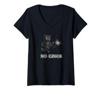 Women's No Kings Black Cat Kicking Crown Protect Democracy Protest V-Neck T-Shirt