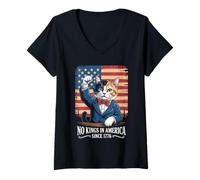 Womens No Kings in America 1776 Revolutionary Funny Patriotic Cat V-Neck T-Shirt