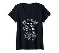 Womens No Kings In America Coquette Bow Fireworks 4th Of July Funny V-Neck T-Shirt