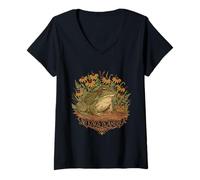Women's No Kings in America Frog Botanical Floral V-Neck T-Shirt