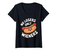 Womens No Losers Only Wieners Funny Hot Dog Pun Humor V-Neck T-Shirt