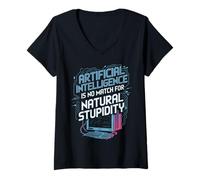 Womens No Match Natural Stupidity Machine Data Prompt Engineer AI V-Neck T-Shirt
