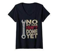 Women's No My Car is Not Done Yet Tshirt Funny Mechanic Auto Retro V-Neck T-Shirt