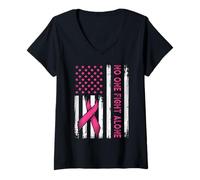 Womens No One Fight Breast Cancer Alone Pink Support Flag Men Women V-Neck T-Shirt