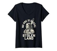 Women's No One is Illegal On Stolen Land Sitting Bull V-Neck T-Shirt