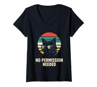 Women's No Permission Needed Retro Sunglasses Cat Sunset V-Neck T-Shirt