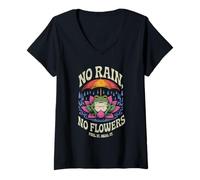 Womens No Rain No Flowers Frog Lotus Umbrella Growth Healing V-Neck T-Shirt