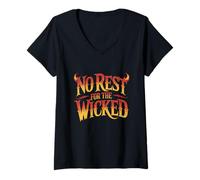 Womens No Rest for The Wicked Fire Halloween Gothic V-Neck T-Shirt
