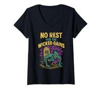 Womens No Rest for The Wicked Gains Halloween Zombie 90's Retro Gym V-Neck T-Shirt
