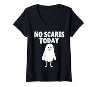 Womens No Scares Today Funny Sad Ghost Halloween Costume Kids Boys V-Neck T-Shirt