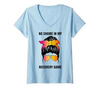 Womens No Shame in My Recovery Game Sobriety Soberversary AA NA V-Neck T-Shirt