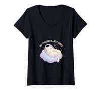 Women's No Thoughts Just Vibes Cat on Pastel Cloud V-Neck T-Shirt