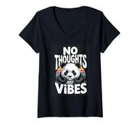 Women's No Thoughts Just Vibes Cute Retro Aesthetic Panda V-Neck T-Shirt