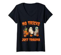 Womens No Tricks Just Trauma Funny Halloween Monsters in Therapy V-Neck T-Shirt