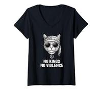 Womens No Violence No Kings Cat Peace Sign Bandana US Flag V-Neck T-Shirt
