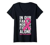Women's Nobody Fights Alone Breast Cancer Awareness Pink Ribbon V-Neck T-Shirt