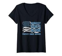 Women's Nobody Fights Alone Prostate Cancer Warrior Light Blue V-Neck T-Shirt