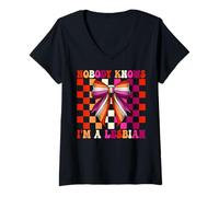 Womens Nobody Knows I'm A Lesbian Funny Pride Flag LGBTQ Girl V-Neck T-Shirt