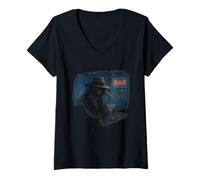 Womens Noir Kiwi Rainy Bar Bird Detective V-Neck T-Shirt