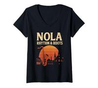 Womens NOLA Rhythm and Roots Shirt New Orleans Saxophone V-Neck T-Shirt