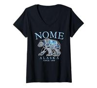 Womens Nome Alaska Tribal Art Bear Since 1898 Pale Blue Letters V-Neck T-Shirt